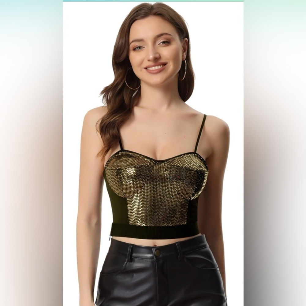 Allegra K Sequin Crop Top for Women's Spaghetti Strap Sexy Sweetheart Neck, M - Picture 1 of 7